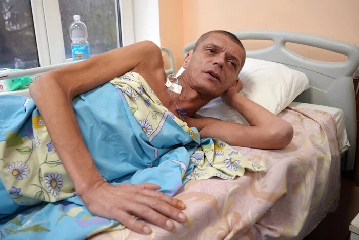 A soldier with a wounded leg after surgery